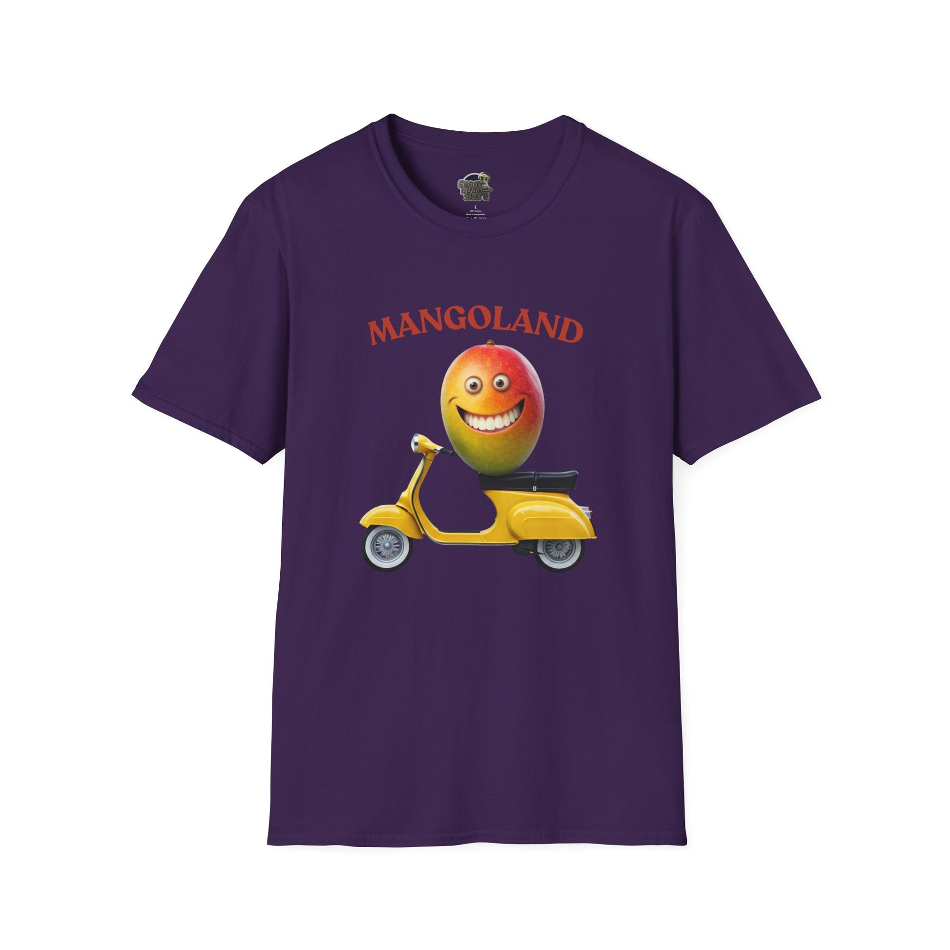 Mangoland t-shirt: Funny Mango Riding Vespa Tee Purple