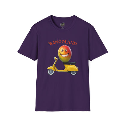 Mangoland t-shirt: Funny Mango Riding Vespa Tee Purple