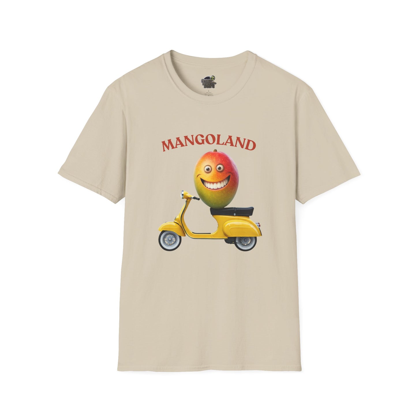 Mangoland t-shirt: Funny Mango Riding Vespa Tee Sand