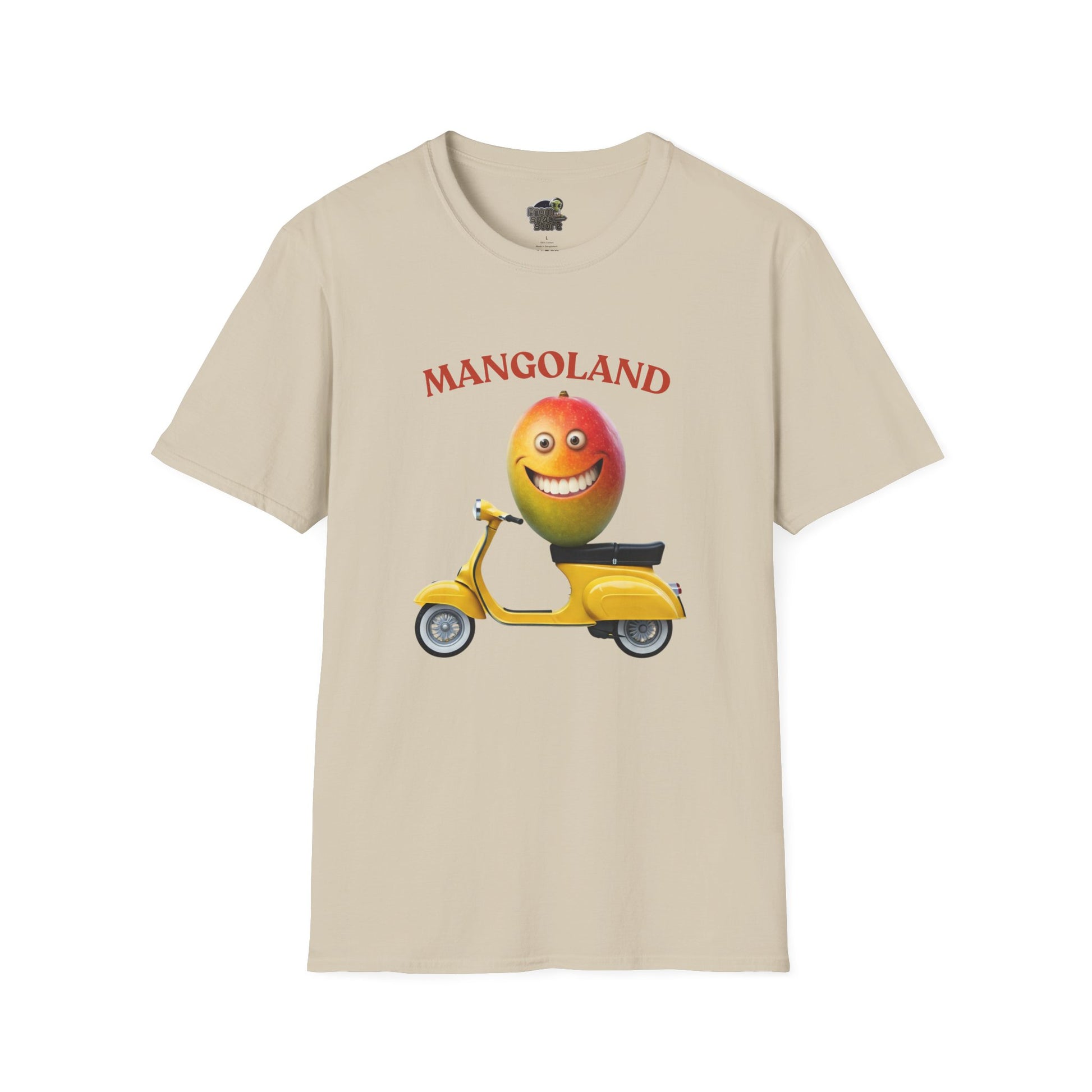 Mangoland t-shirt: Funny Mango Riding Vespa Tee Sand