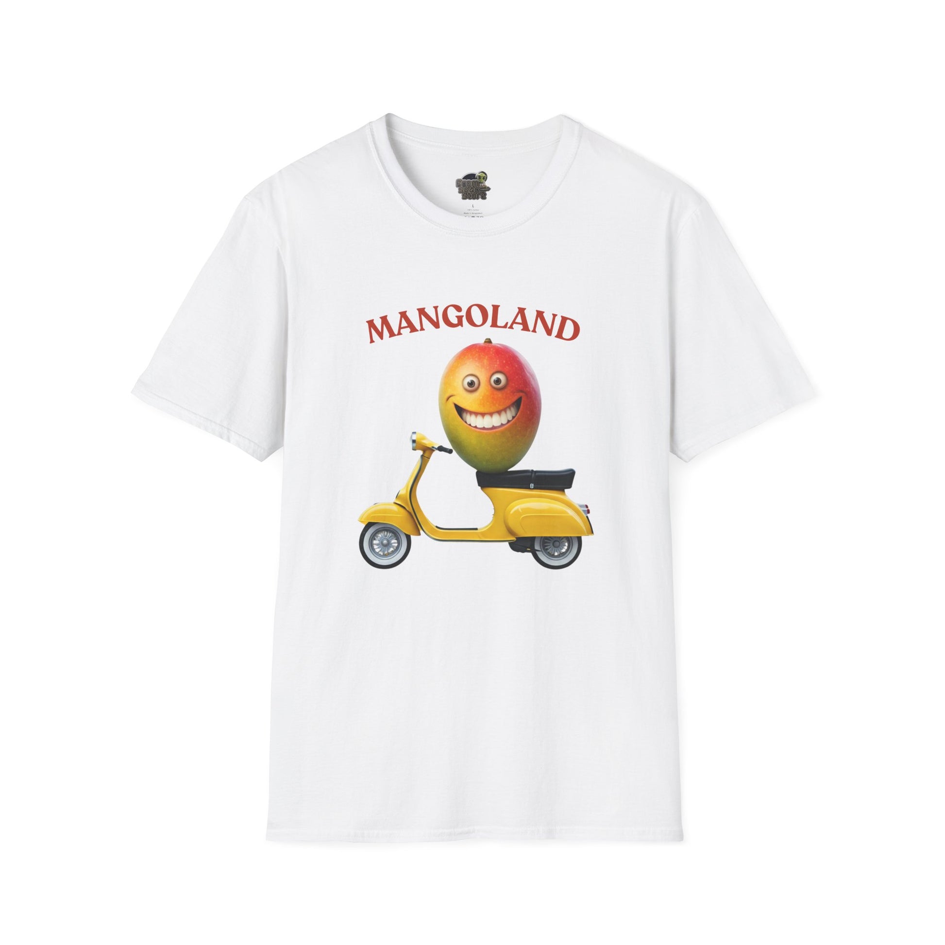 Mangoland t-shirt: Funny Mango Riding Vespa Tee White