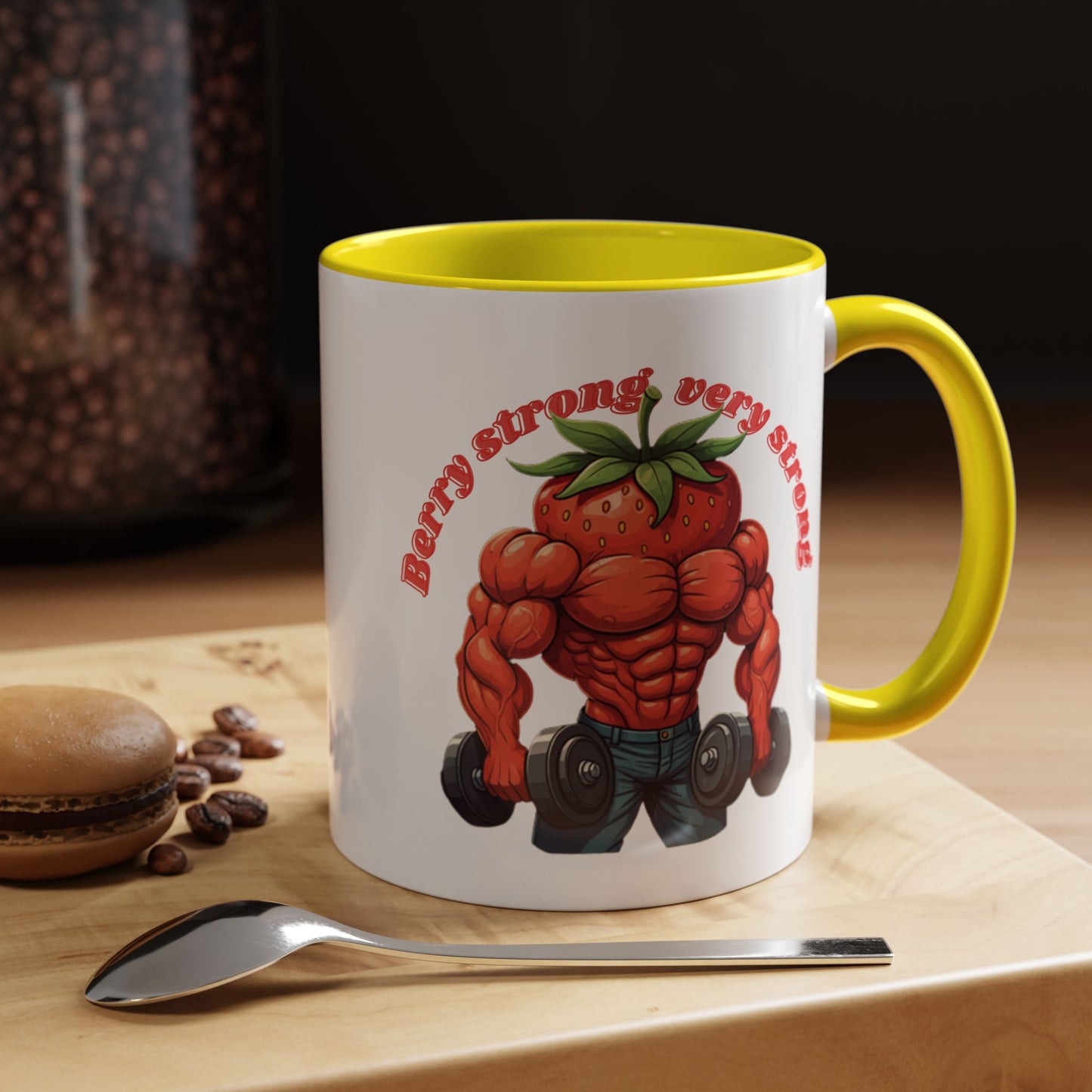 Funny weightlifting strawberry art ceramic mug with yellow interior and handle, aesthetic coffee mug and perfect gym gift.