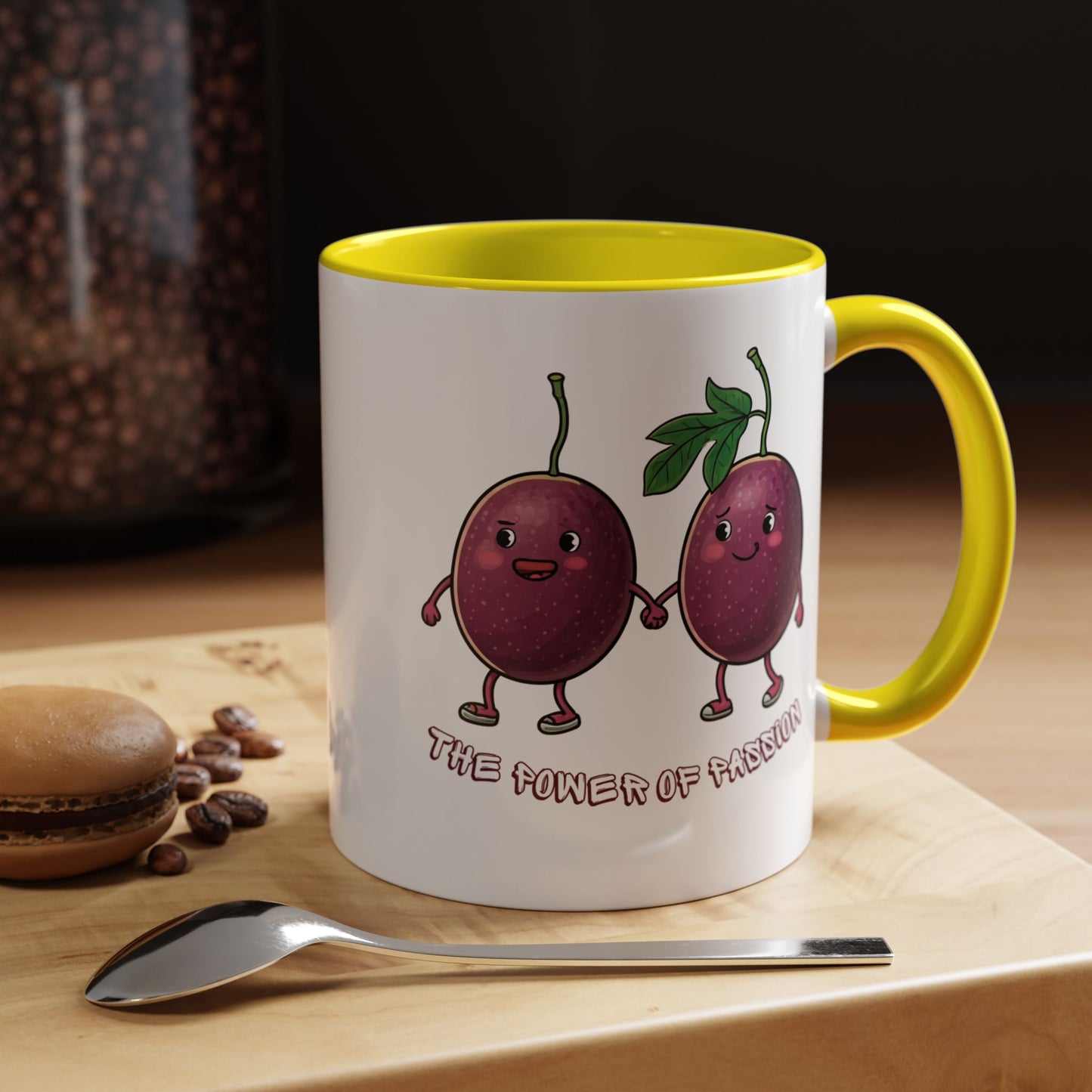 Whimsical passion fruit art ceramic mug with yellow interior and handle, aesthetic coffee mug and perfect gift idea.