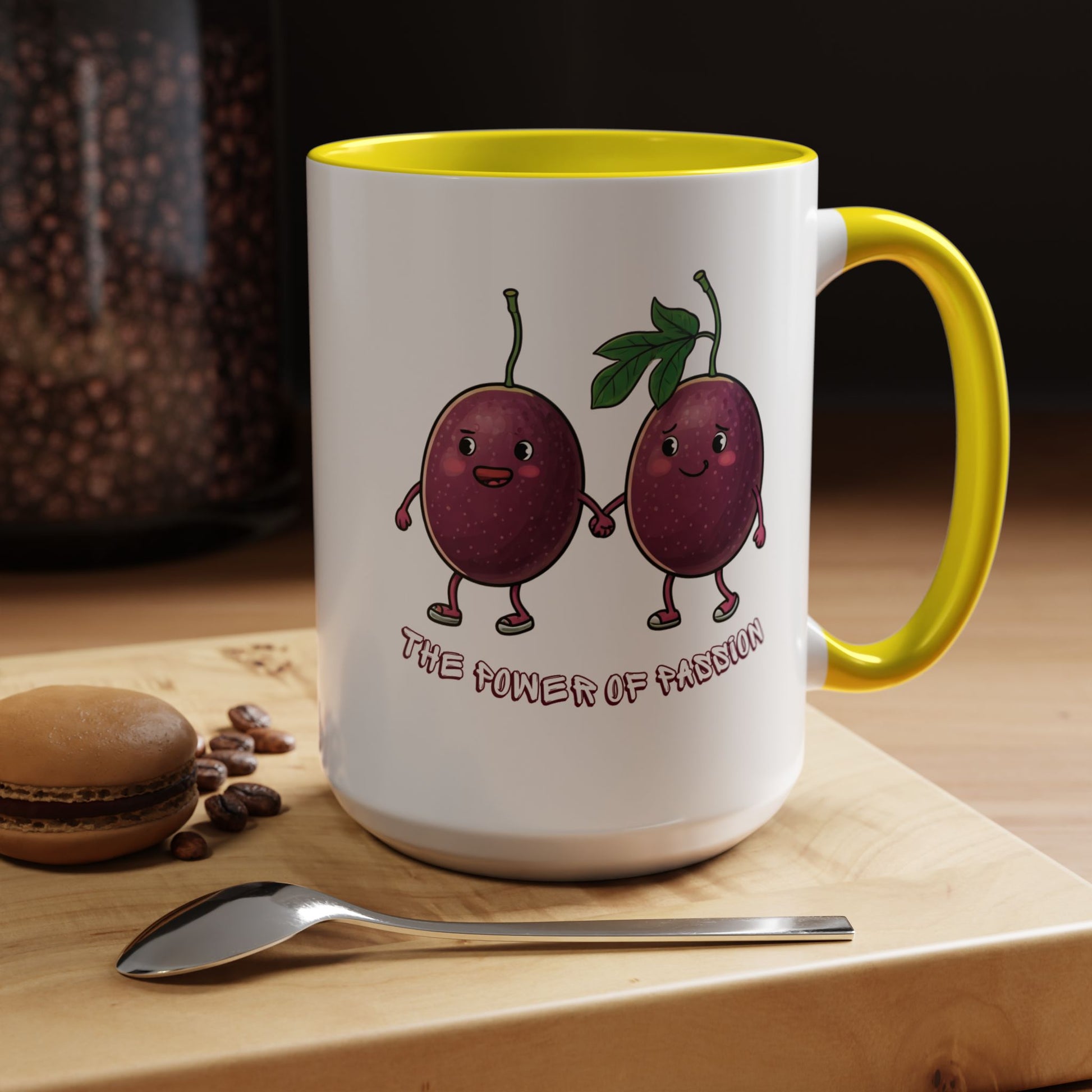 Athletic fruits passion fruit coffee mug, unique novelty drinkware and cool humorous gift for fruit lovers.
