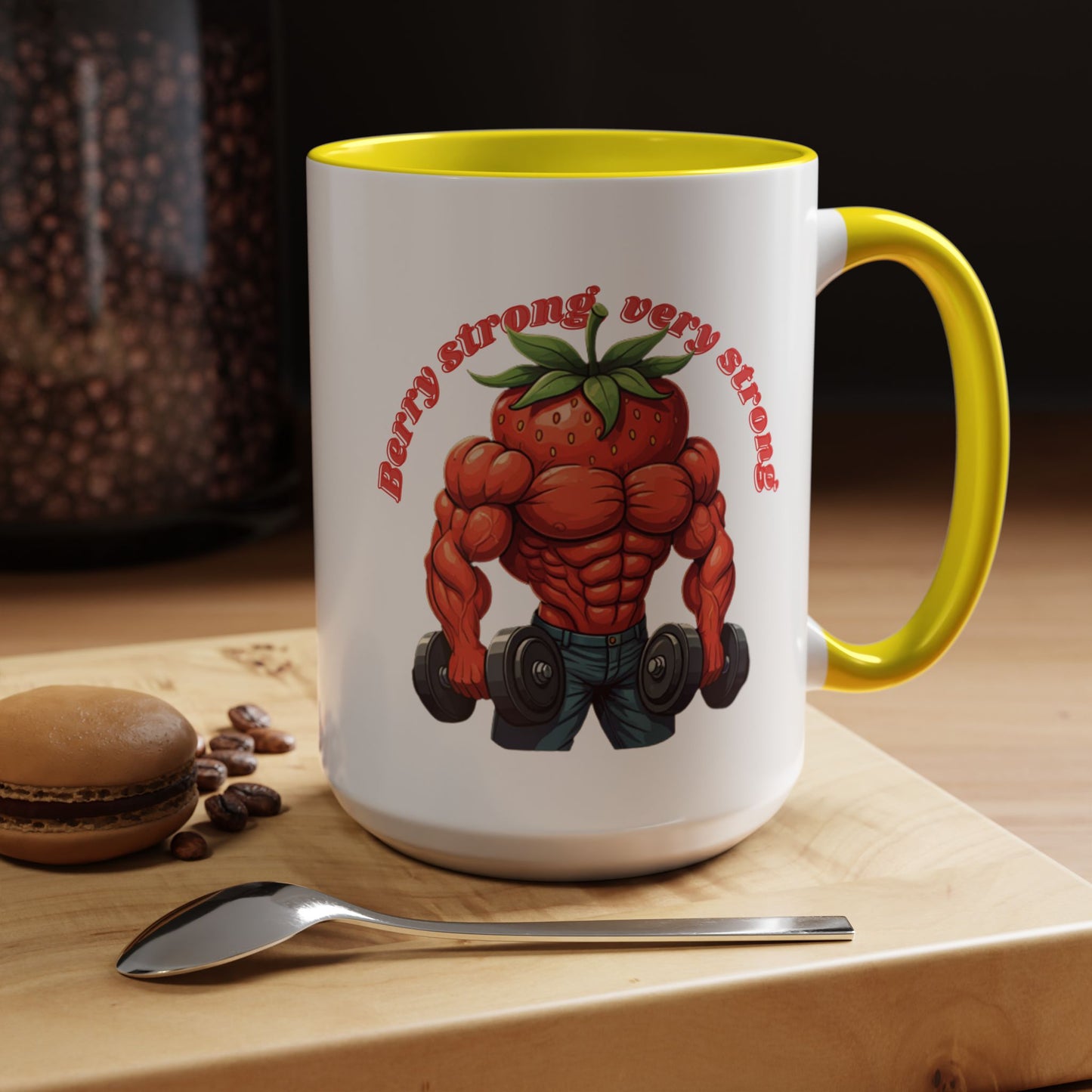 Athletic fruits strawberry workout coffee mug, unique novelty drinkware and cool humorous gift for fitness and fruit lovers.