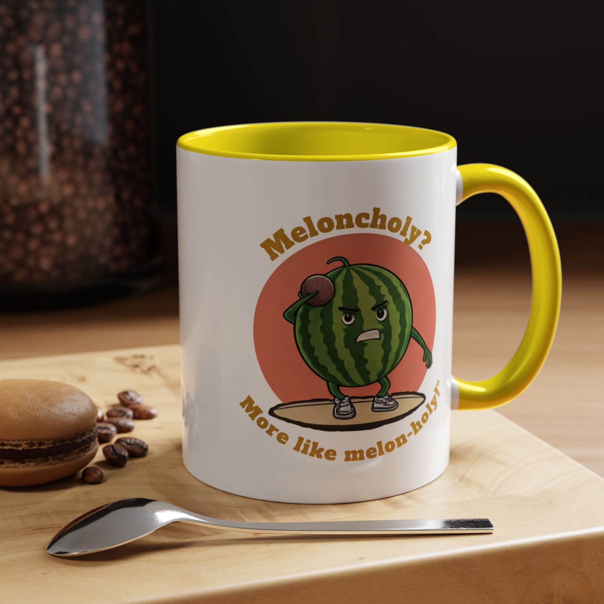 Funny watermelon art ceramic mug with yellow interior and handle, aesthetic coffee mug and perfect food pun gift.