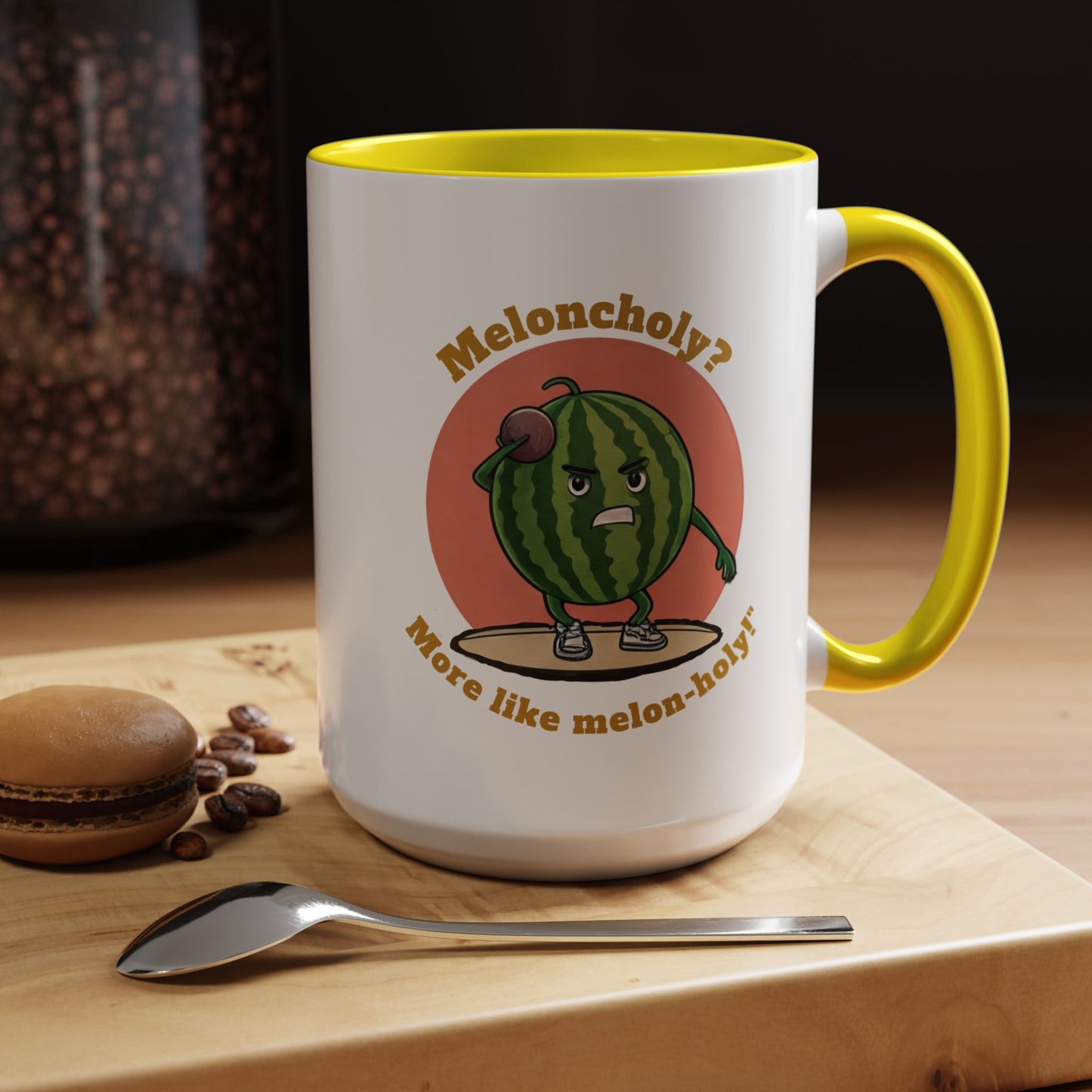 Athletic fruits watermelon coffee mug, unique novelty drinkware and cool humorous gift for fruit and fitness lovers.