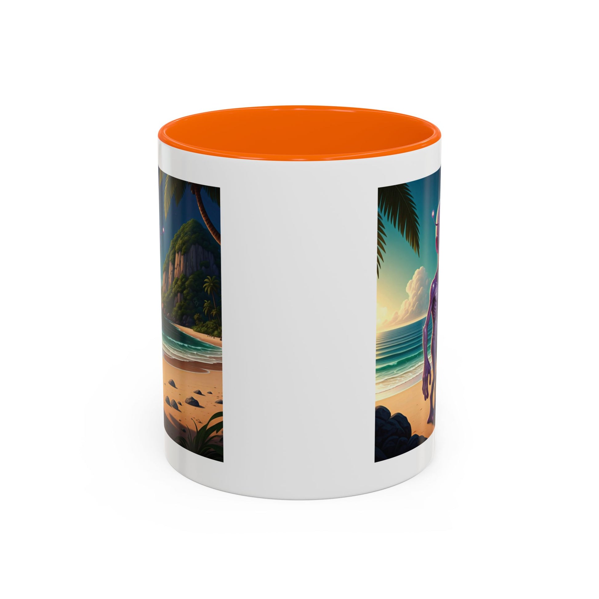 Alien enjoying the beach on a orange inside novelty mug, back view
