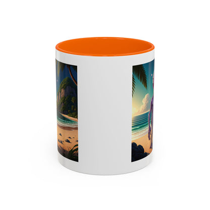 Alien enjoying the beach on a orange inside novelty mug, back view