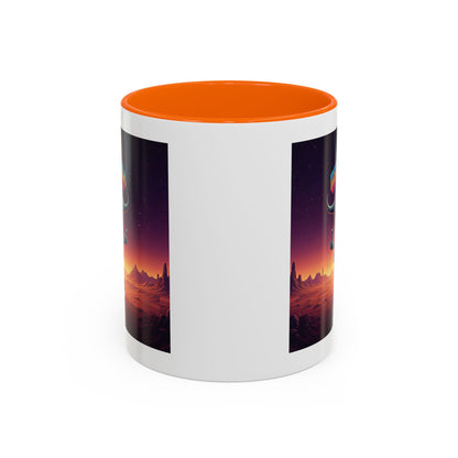 Back view of Alien playing football (rugby) on a unique orange mug