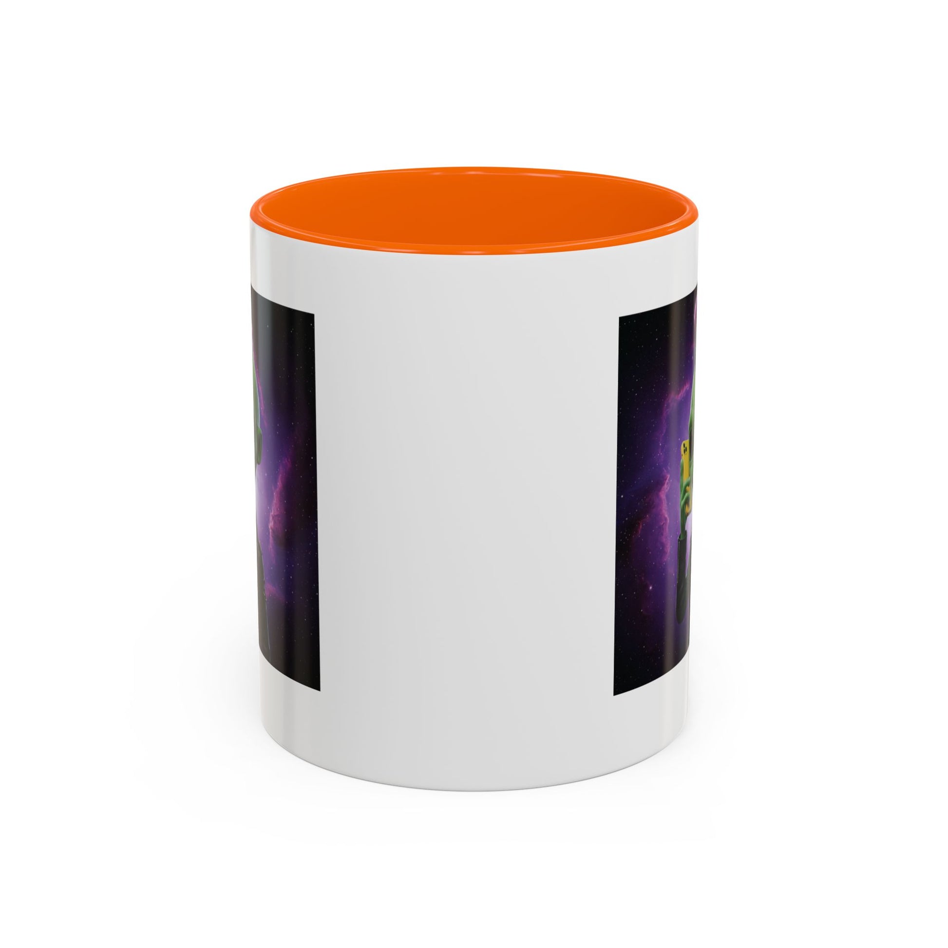 Alien punk with mobile phone orange mug, back view
