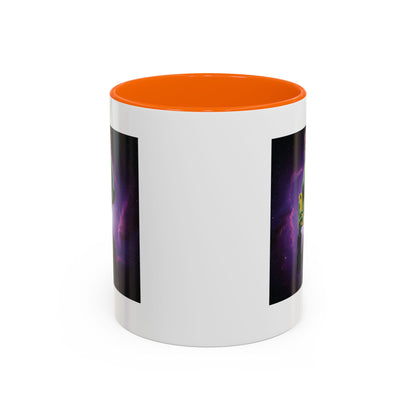Alien punk with mobile phone orange mug, back view
