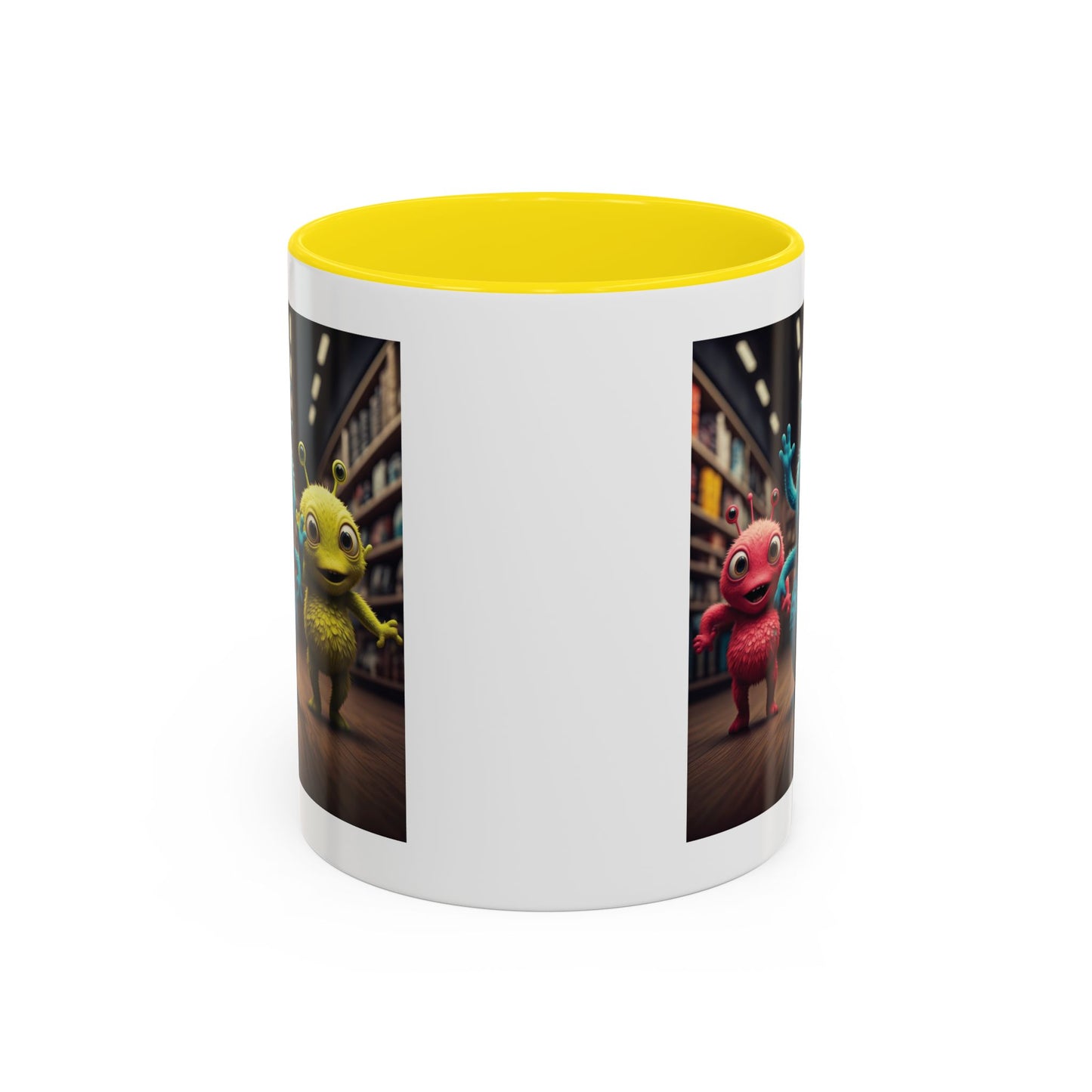 Back view of Aliens dancing at a disco on a yellow mug
