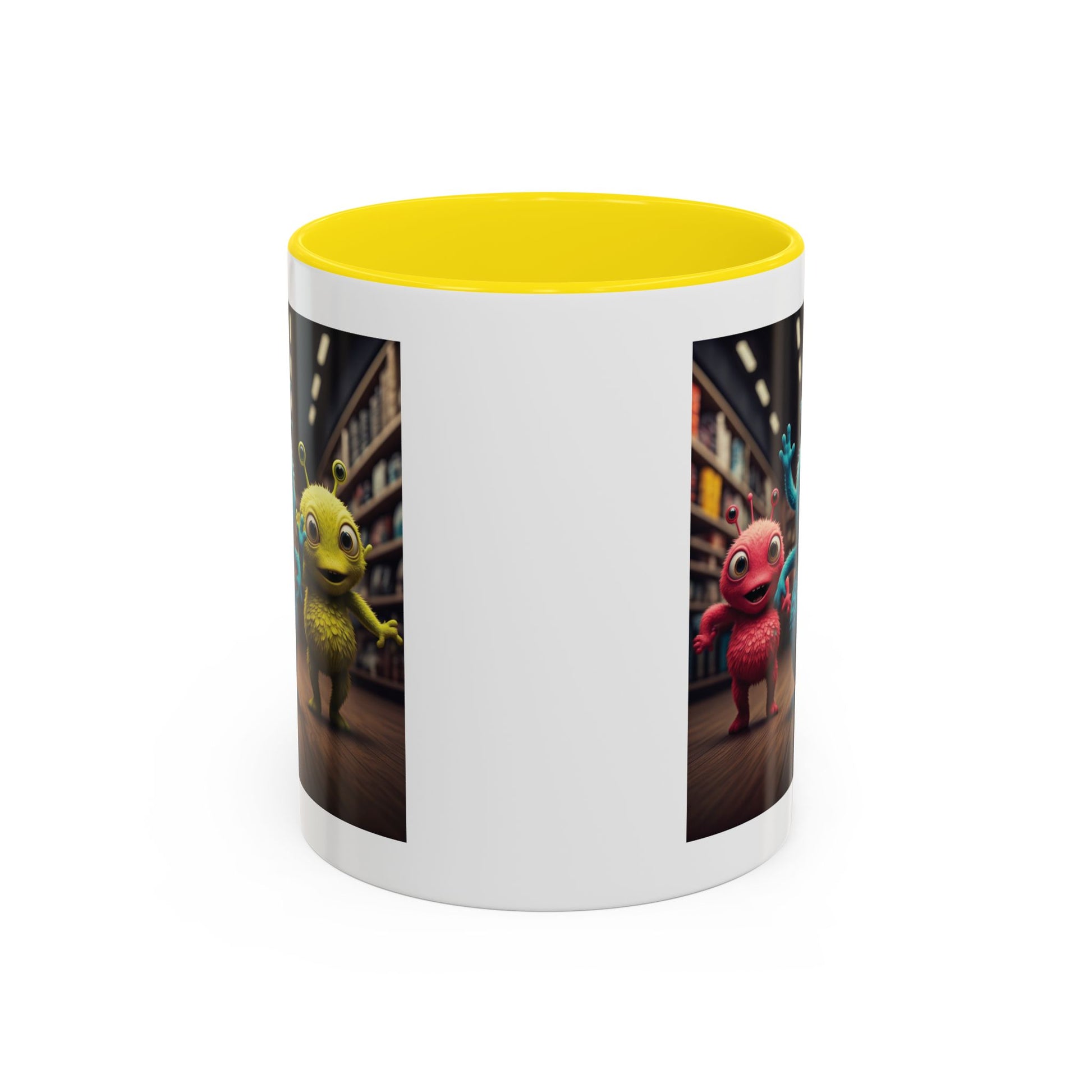 Back view of Aliens dancing at a disco on a yellow mug