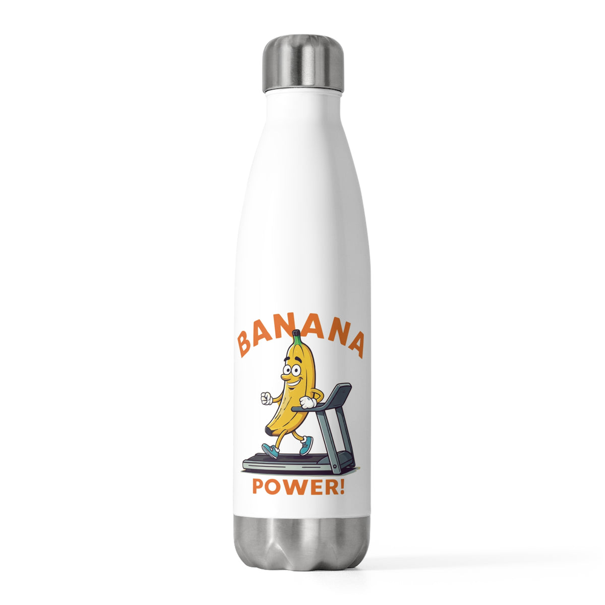 Front studio view of a white stainless steel water bottle displaying a cute workout banana running on a treadmill, funny gift for fitness lovers.