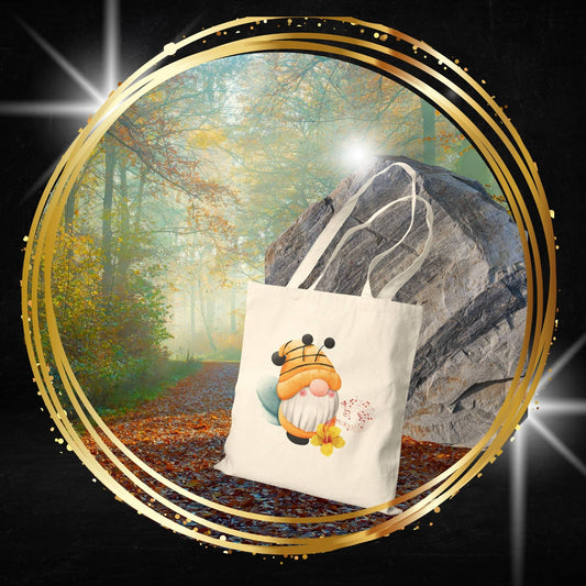 Mystical Bee Gnome Tote Bag: Carry Your Melodies & Magic (Natural & Black Canvas)