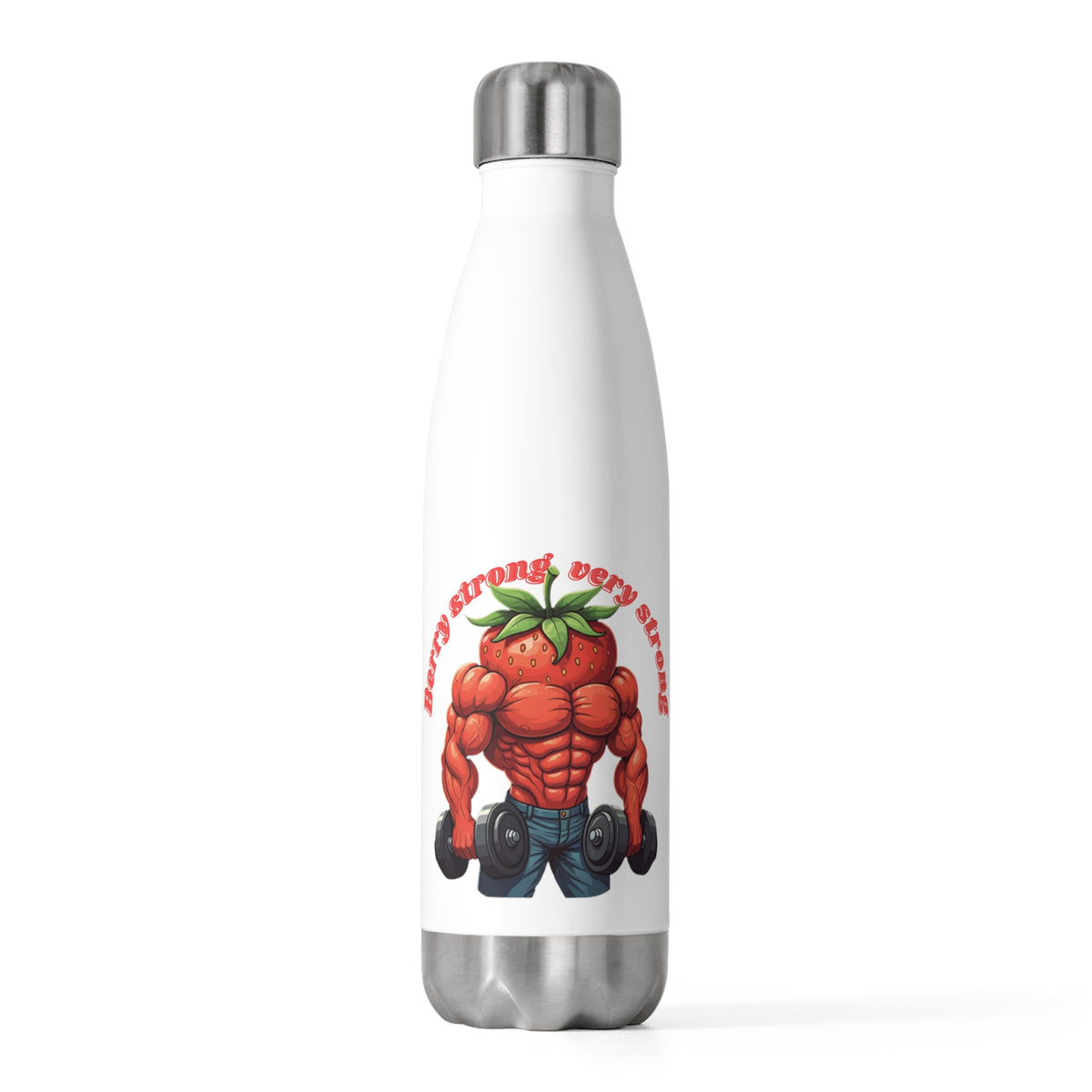 Front studio view of a white stainless steel water bottle displaying a buff strawberry character holding dumbbells, funny gift for bodybuilders.