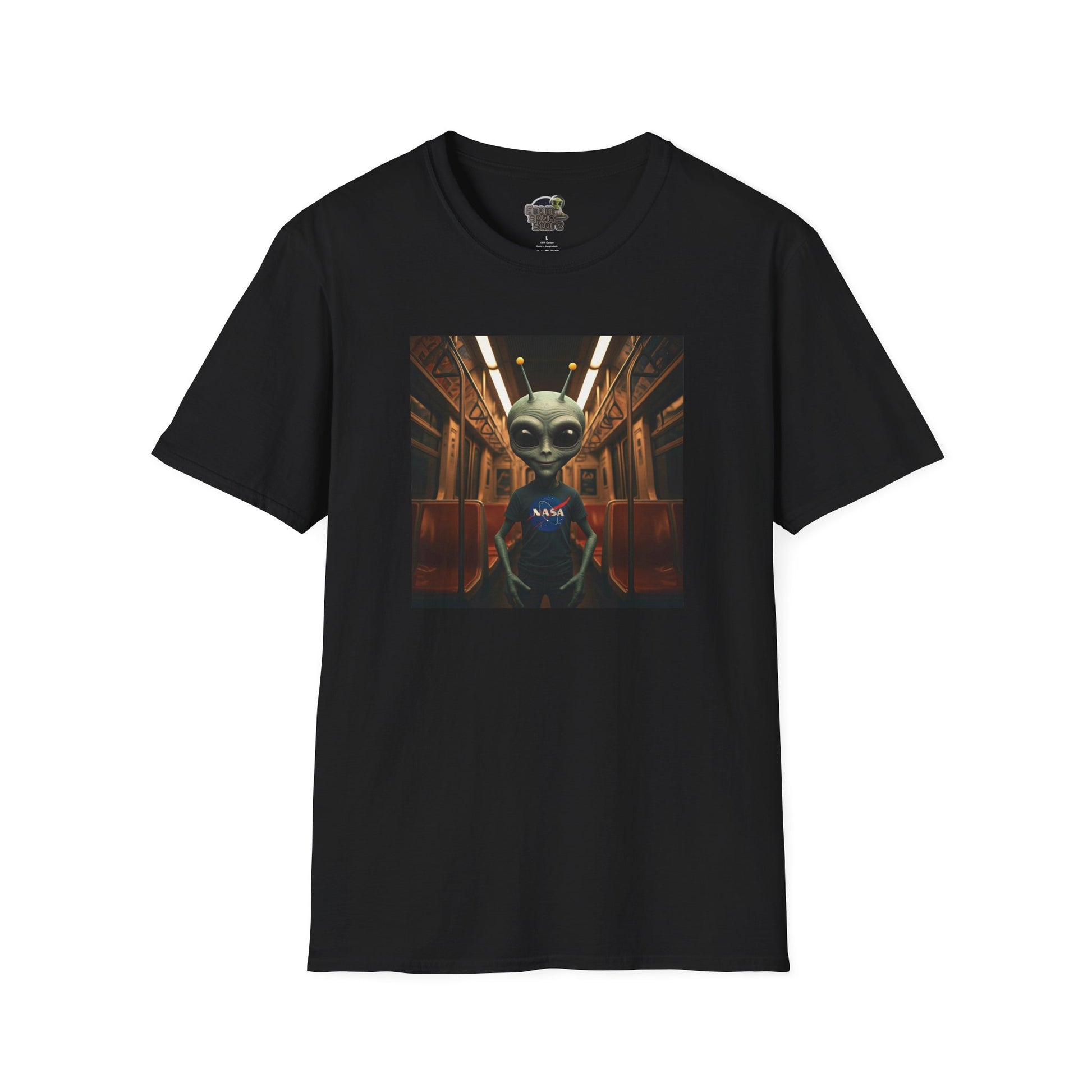 black Unisex alien in subway T-shirt: funny and modern graphic tee