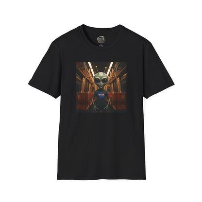 black Unisex alien in subway T-shirt: funny and modern graphic tee