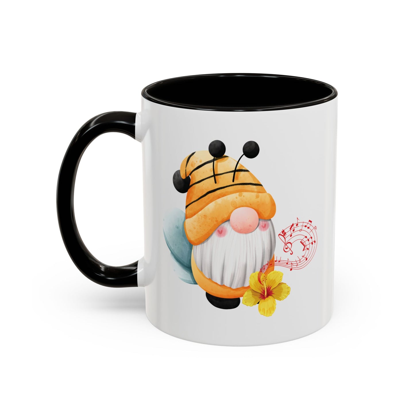 black mug with black c-handle with a cartoon bee gnome design 