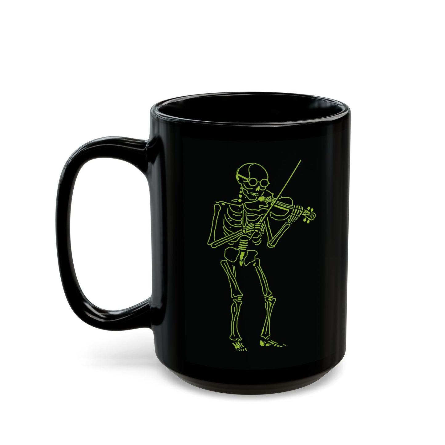 Black mug with a green violinist  skeleton design