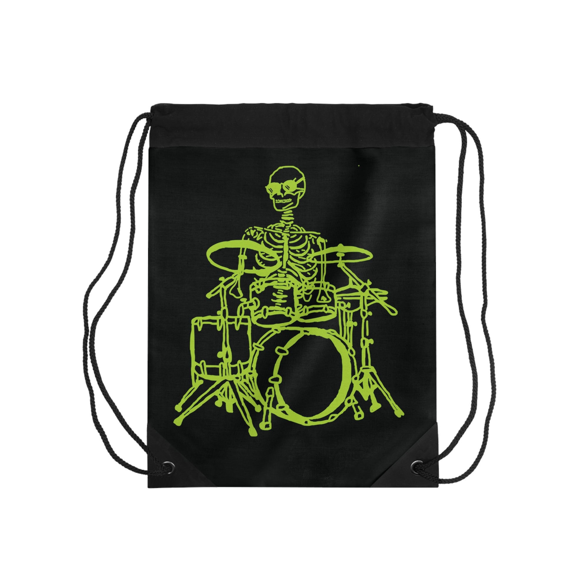 Black drawstring bag with a yellow skeleton playing drums design