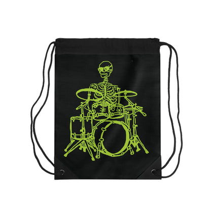 Black drawstring bag with a yellow skeleton playing drums design