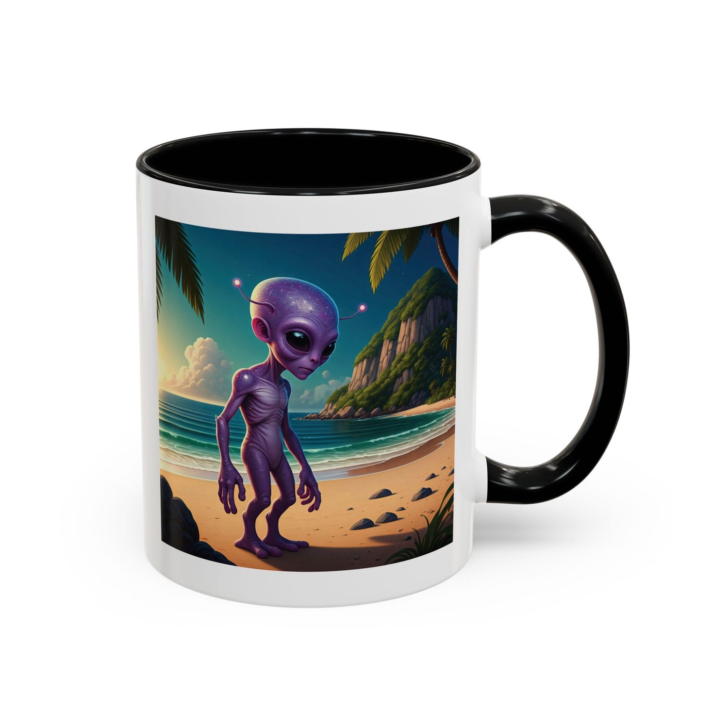 Alien enjoying the beach on a black inside novelty mug