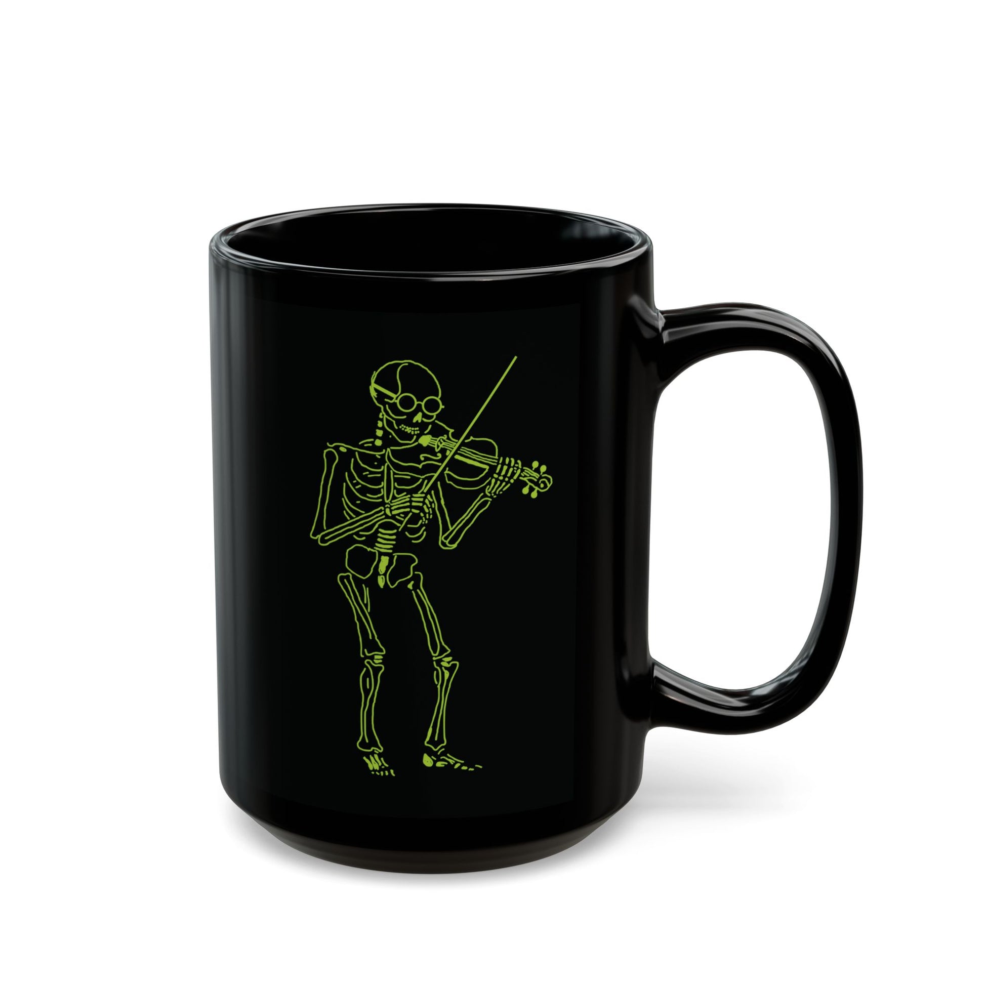 Black mug with a green skeleton playing guitar design 