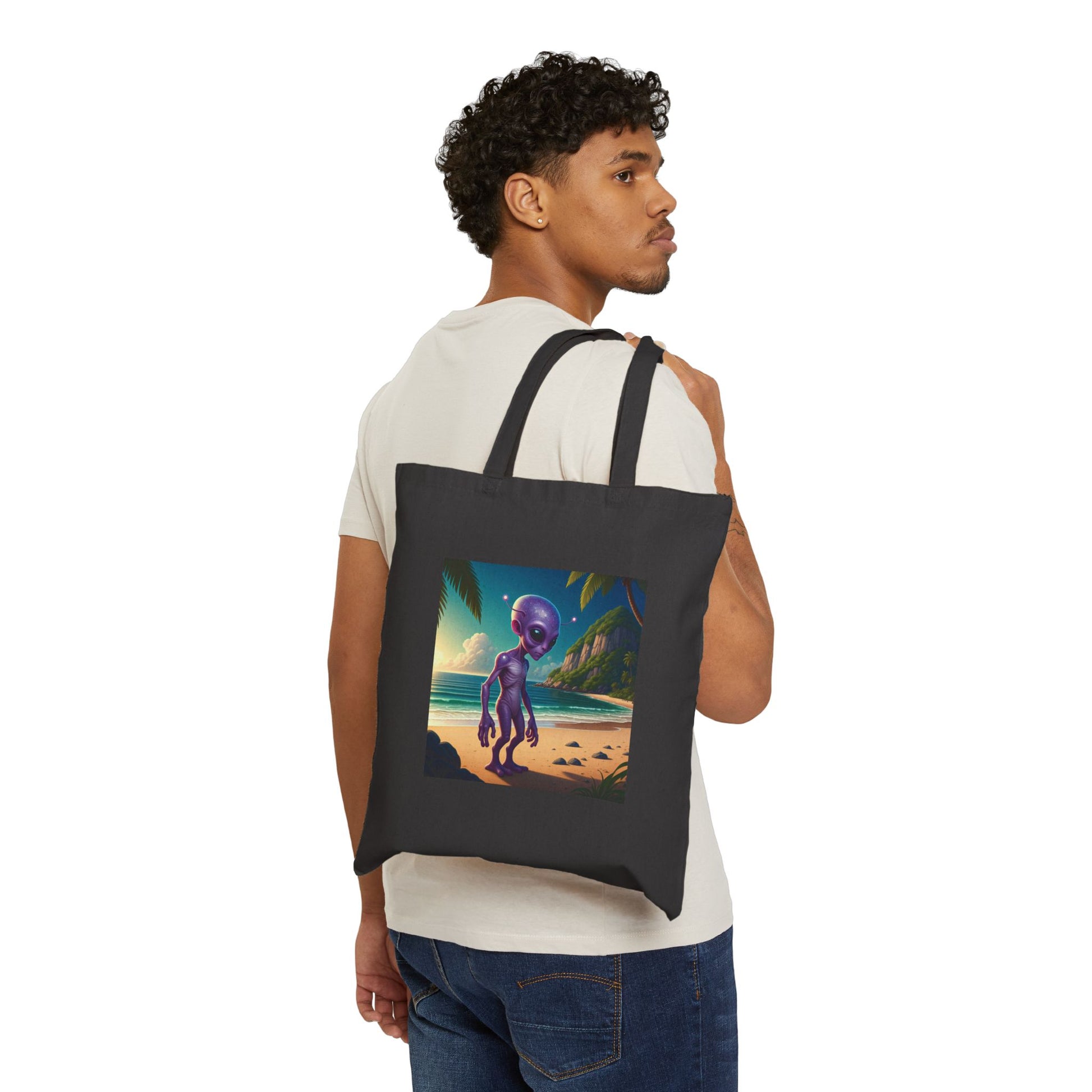 Alien at Beach black  Tote Bag with unique graphic of an alien walking on a Sunny beach, context man fashion