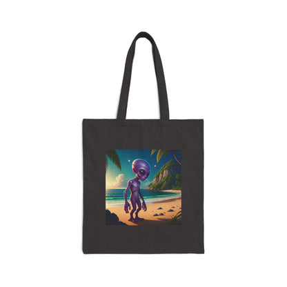 Alien at Beach black Tote Bag with unique graphic of an alien walking on a Sunny beach, context on the floor