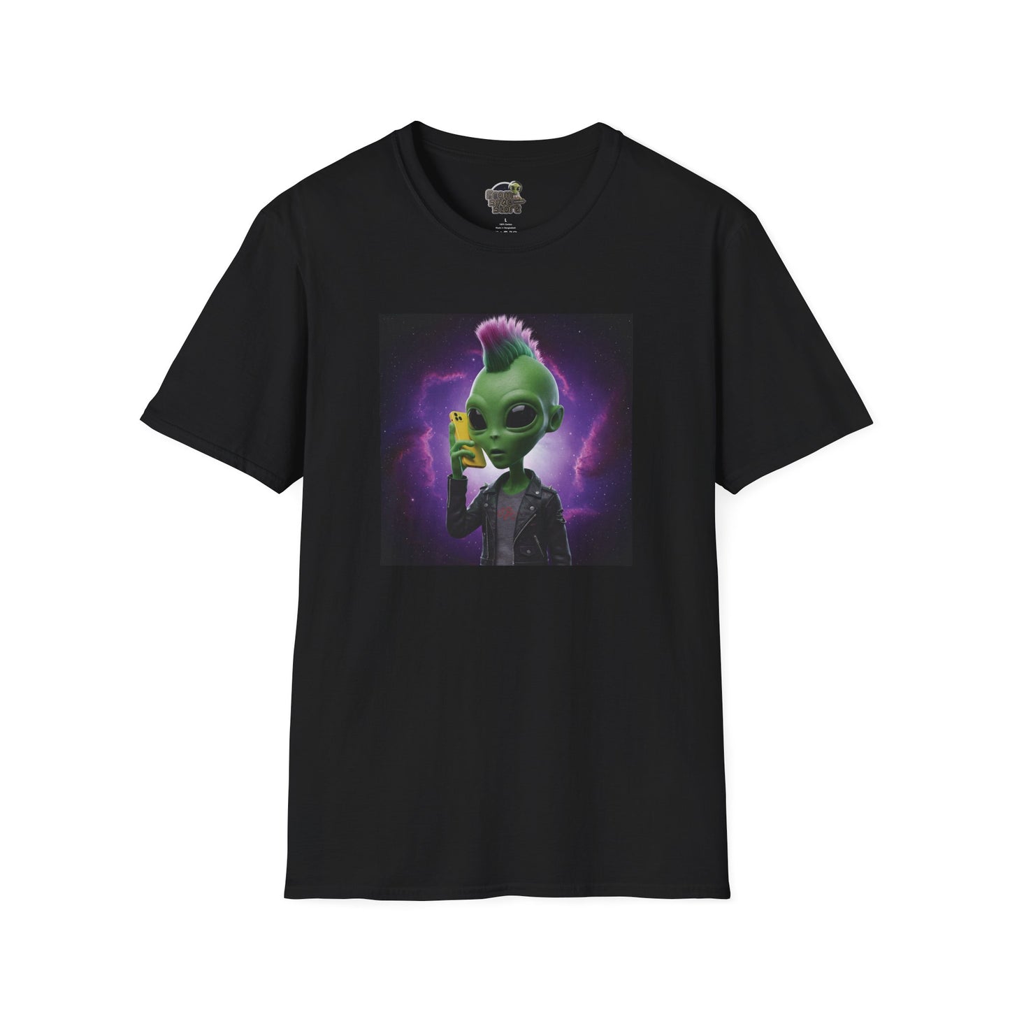 Black Unisex alien punk t-shirt with mobile phone