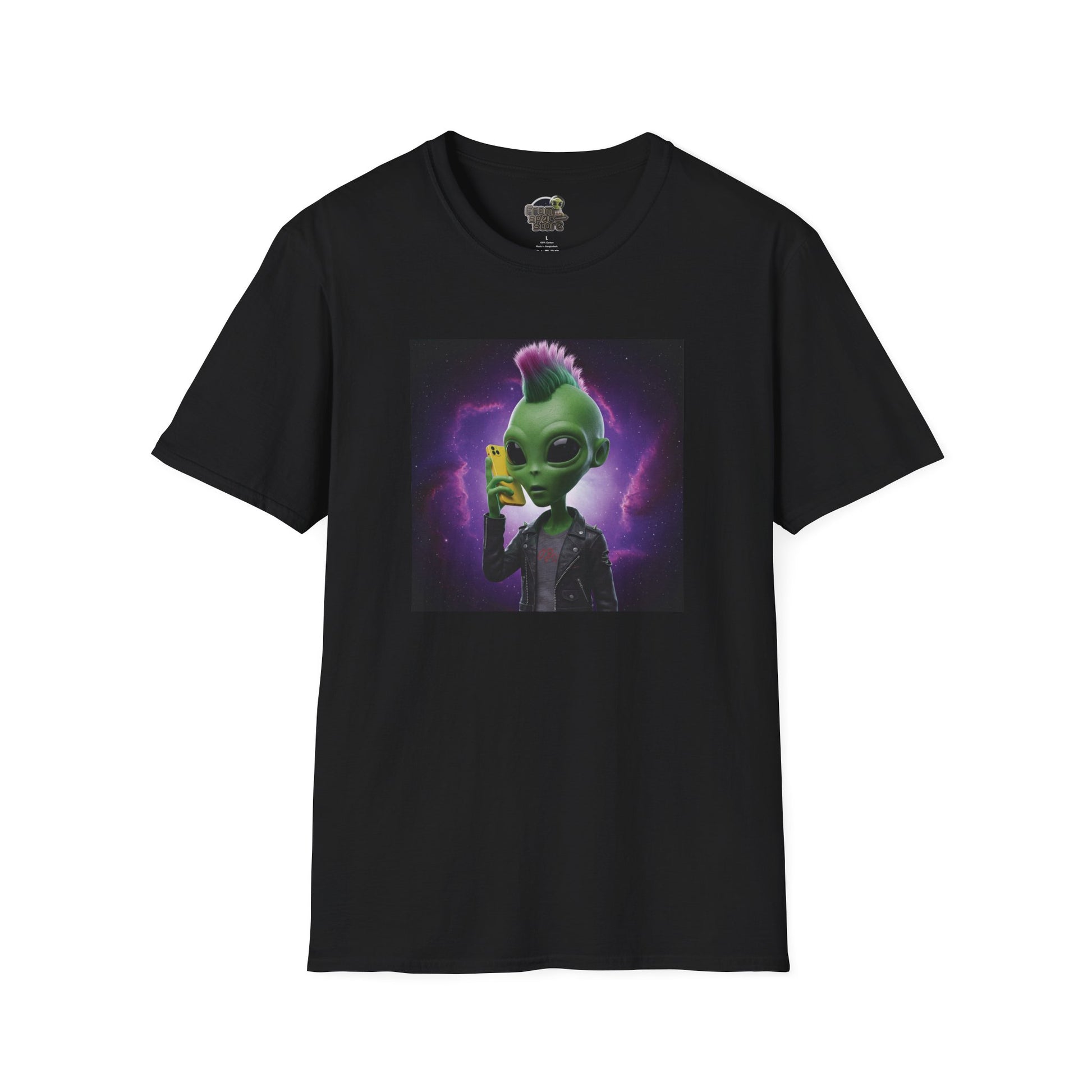 Black Unisex alien punk t-shirt with mobile phone