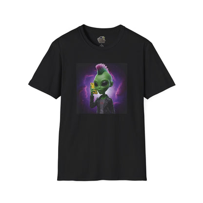 Black Unisex alien punk t-shirt with mobile phone