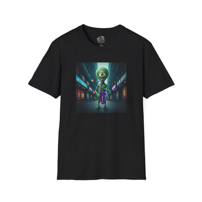 Black Unisex t-shirt alien playing saxophone in city night