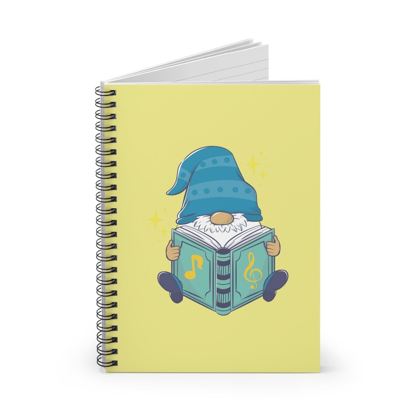 Cute illustration of a gnome in a blue striped hat intently reading a blue book featuring musical notes and a treble clef, surrounded by sparkles, printed on the cover of a yellow spiral notebook.