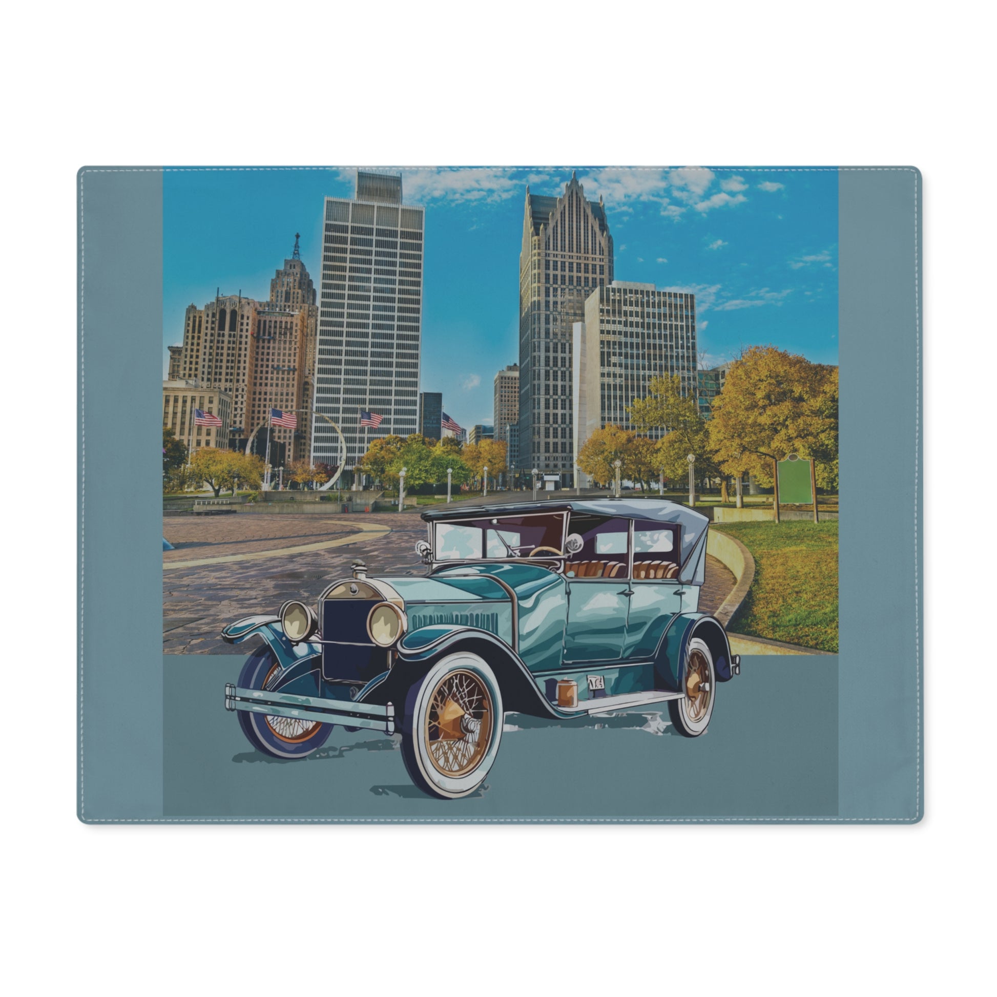 Industrial-style vintage car placemat featuring Detroit's iconic buildings.