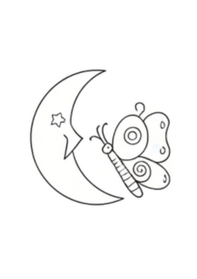 illustration of a butterfly and crescent moon to color, kids 5-8 years age