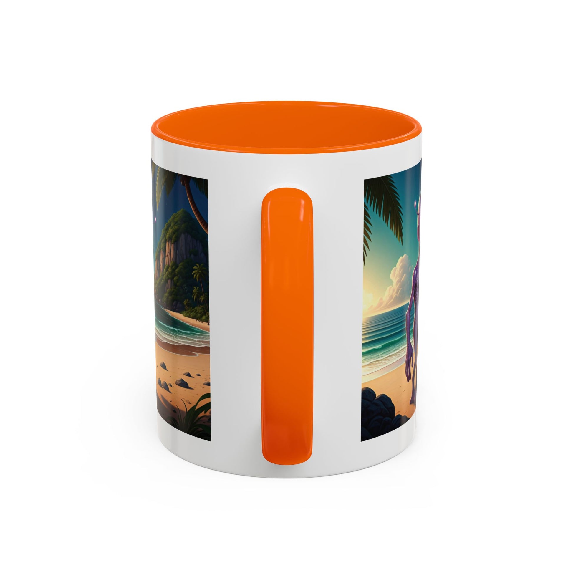 Alien enjoying the beach on a orange inside novelty mug, handle detail