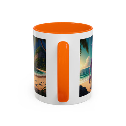 Alien enjoying the beach on a orange inside novelty mug, handle detail