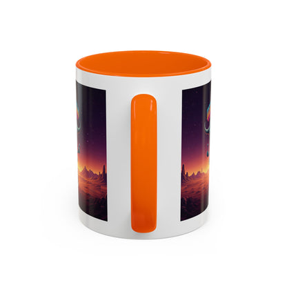 Alien playing football (rugby) on a unique purple mug, handle detail