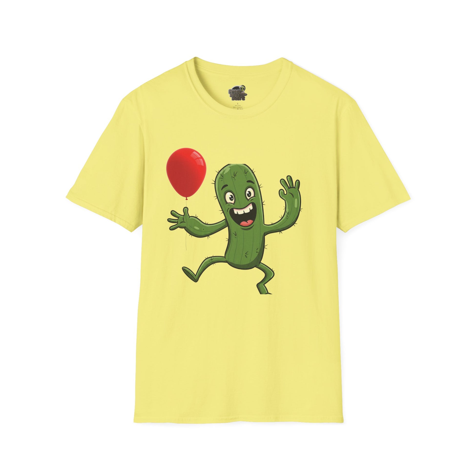 Funny Cactus cartoon with red balloon on cornsilk unisex t-shirt