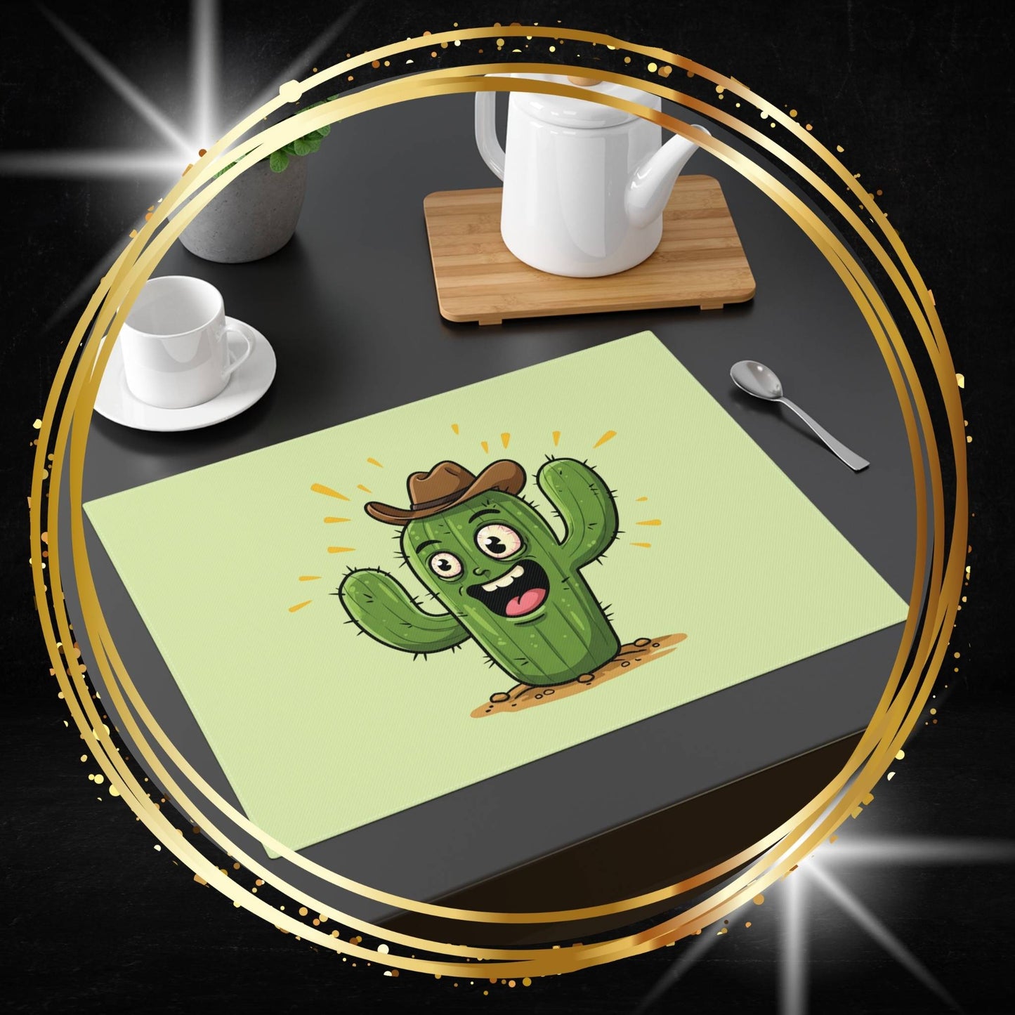 Cactus placemat with a cartoon cactus design on a dining table with cups and a teapot.