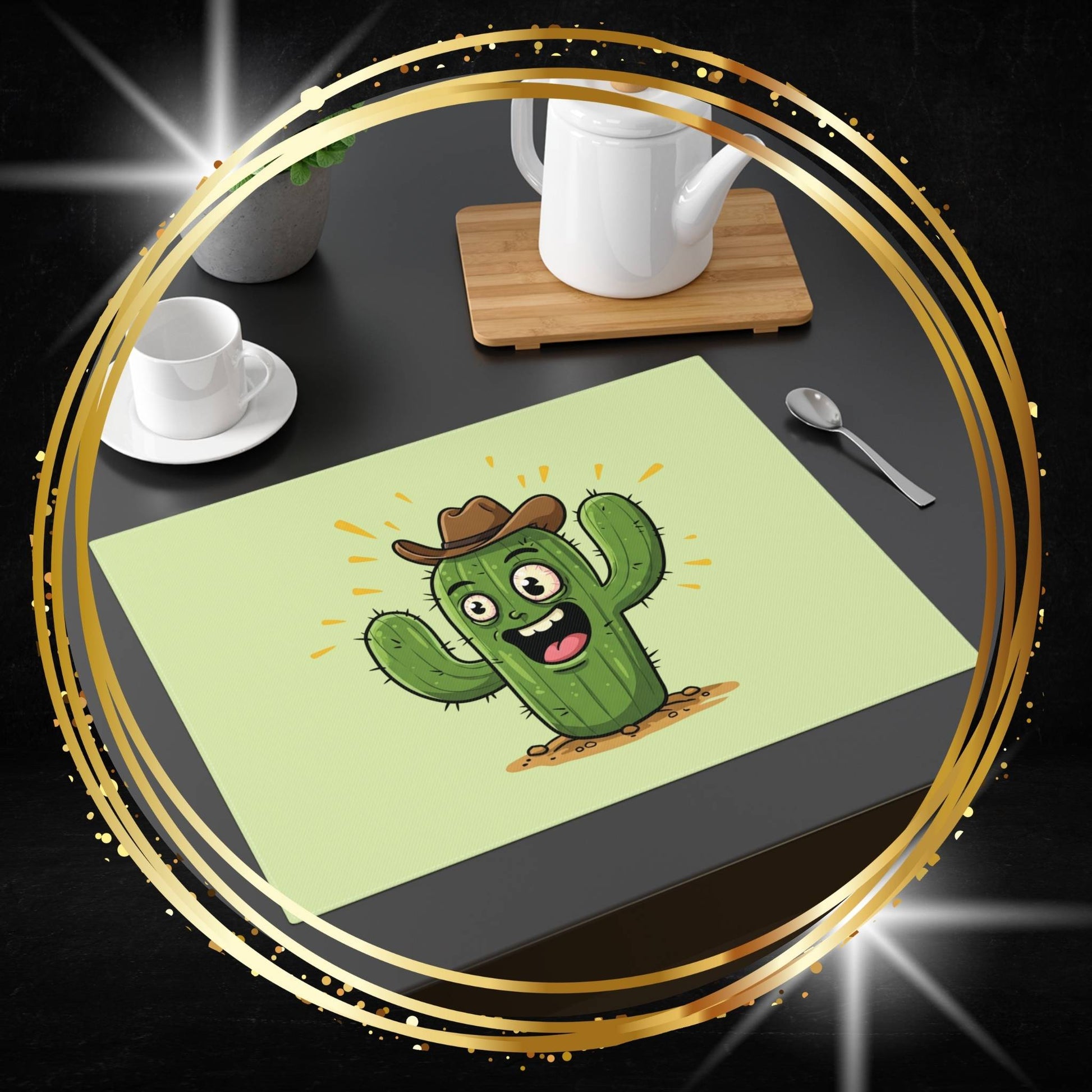 Cactus placemat with a cartoon cactus design on a dining table with cups and a teapot.