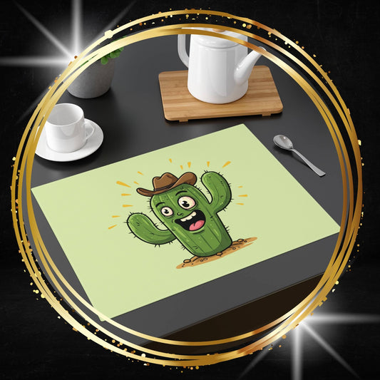 Cactus placemat with a cartoon cactus design on a dining table with cups and a teapot.