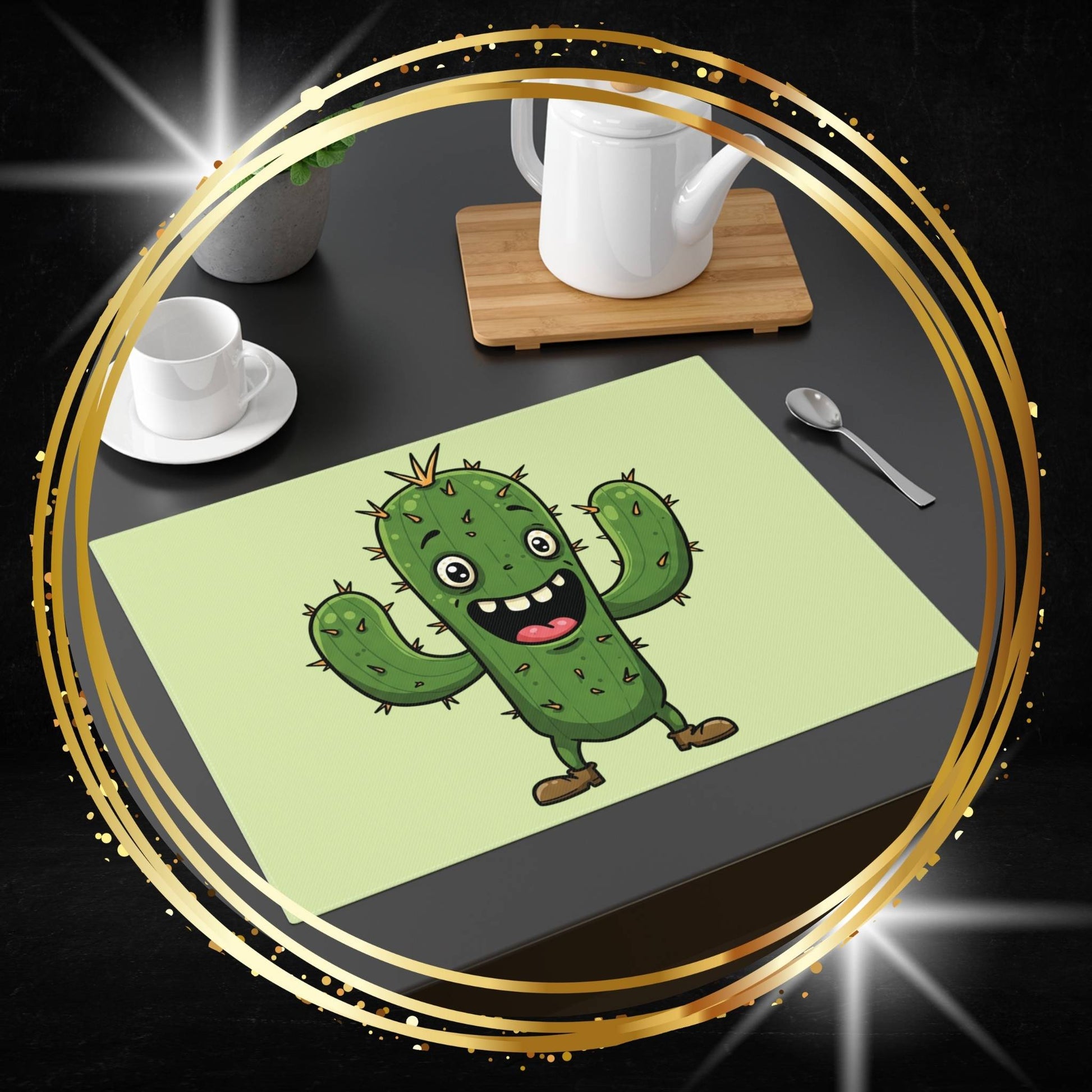Cactus placemat with a cartoon cactus design on a dining table with cups and a teapot.
