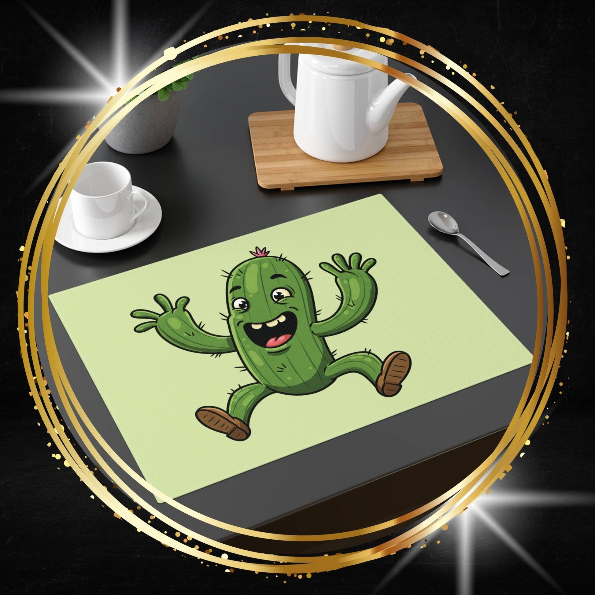 Cactus placemat with a cartoon jumping cactus design on a dining table with cups and a teapot.