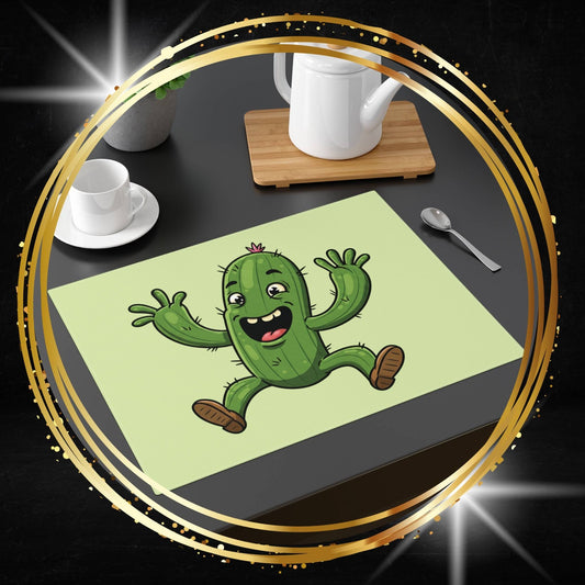 Cactus placemat with a cartoon jumping cactus design on a dining table with cups and a teapot.