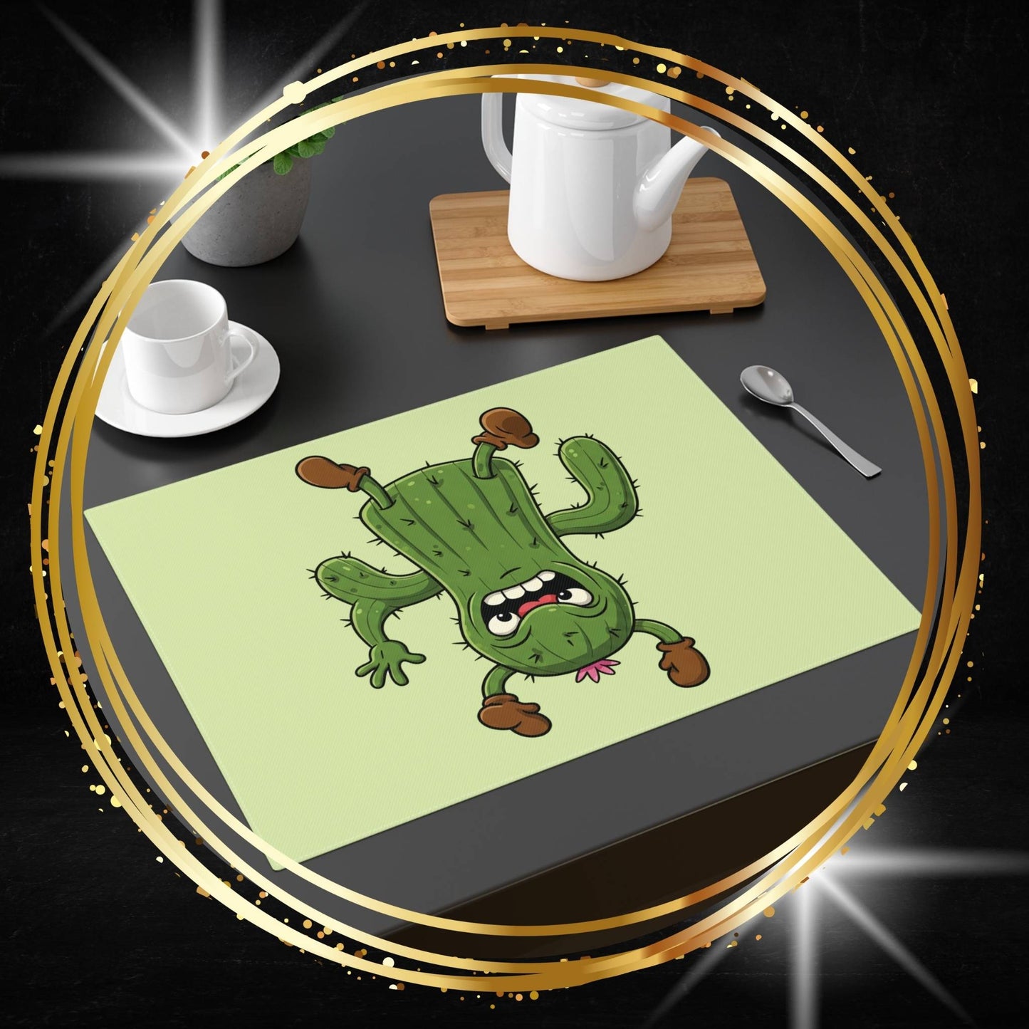 Cactus placemat with a cartoon cactus shocked upside-down design on a dining table with cups and a teapot.