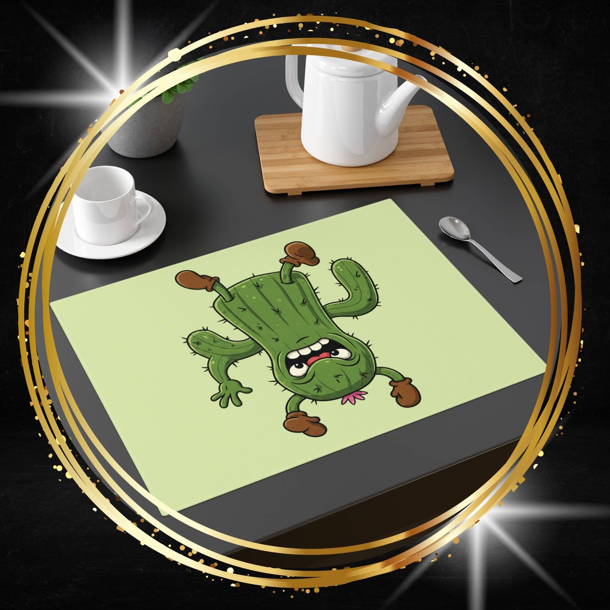 Cactus placemat with a cartoon cactus shocked upside-down design on a dining table with cups and a teapot.